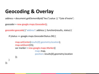 Geocoding & Overlay
address = document.getElementById("lieu").value || "Cote d'Ivoire";

geocoder = new google.maps.Geocoder();

geocoder.geocode( { 'address': address }, function(results, status) {

      if (status == google.maps.GeocoderStatus.OK) {

            map.setCenter(results[0].geometry.location);
            map.setZoom(15);
            var marker = new google.maps.Marker({
                              map: map,
                              position: results[0].geometry.location
            });
      }
});
 