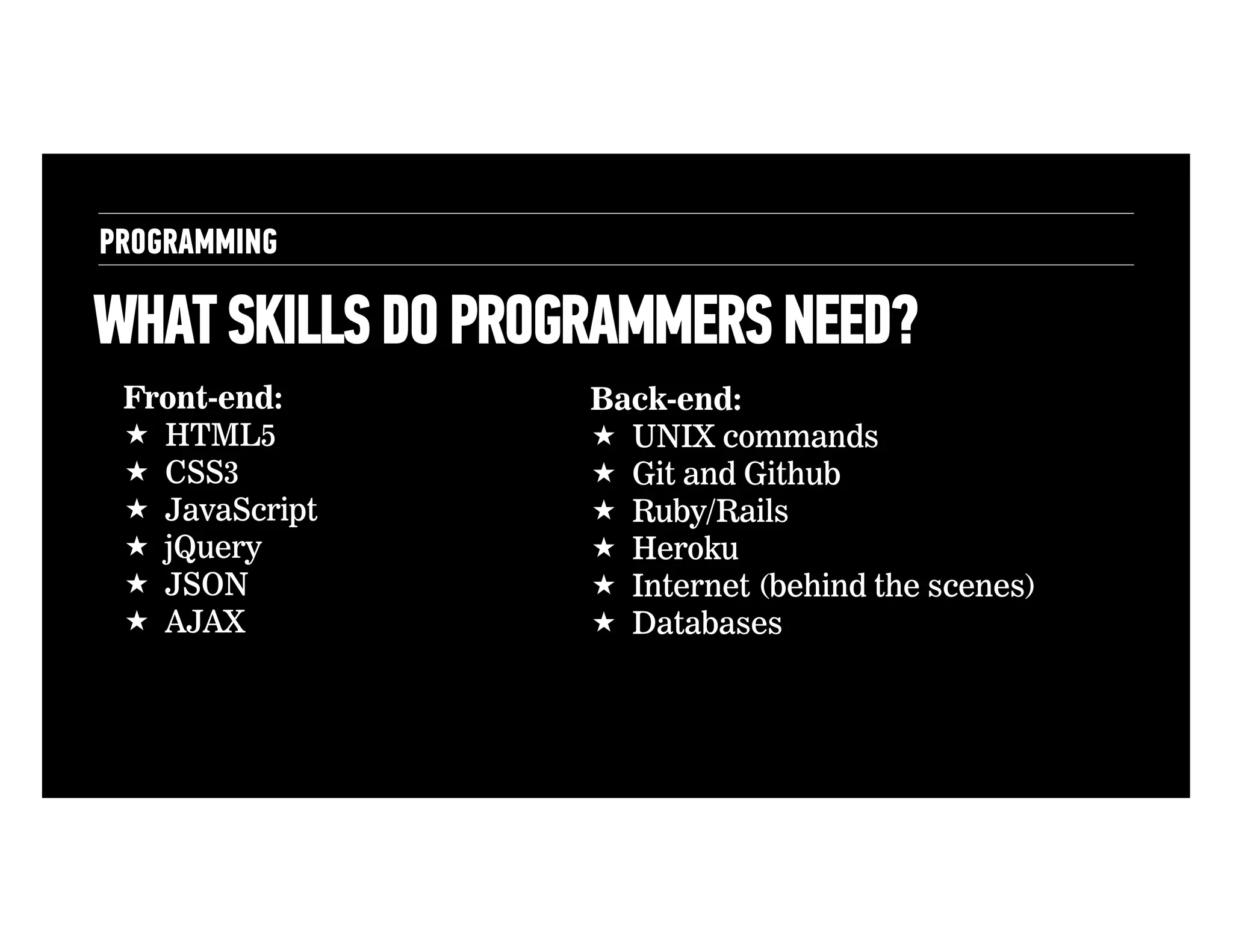 PROGRAMMING

WHAT SKILLS DO PROGRAMMERS NEED?
Front-end:
!  HTML5
!  CSS3
!  JavaScript
!  jQuery
!  JSON
!  AJAX

Back-end:
!  UNIX commands
!  Git and Github
!  Ruby/Rails
!  Heroku
!  Internet (behind the scenes)
!  Databases

 