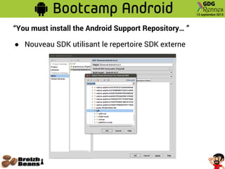 “You must install the Android Support Repository… ”
● Nouveau SDK utilisant le repertoire SDK externe
 