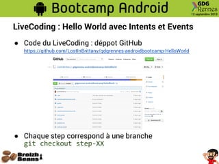 LiveCoding : Hello World avec Intents et Events
● Code du LiveCoding : déppot GitHub
https://github.com/LostInBrittany/gdgrennes-androidbootcamp-HelloWorld
● Chaque step correspond à une branche
git checkout step-XX
 