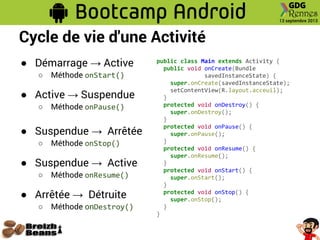 Cycle de vie d'une Activité
● Démarrage → Active
○ Méthode onStart()
● Active → Suspendue
○ Méthode onPause()
● Suspendue → Arrêtée
○ Méthode onStop()
● Suspendue → Active
○ Méthode onResume()
● Arrêtée → Détruite
○ Méthode onDestroy()
public class Main extends Activity {
public void onCreate(Bundle
savedInstanceState) {
super.onCreate(savedInstanceState);
setContentView(R.layout.acceuil);
}
protected void onDestroy() {
super.onDestroy();
}
protected void onPause() {
super.onPause();
}
protected void onResume() {
super.onResume();
}
protected void onStart() {
super.onStart();
}
protected void onStop() {
super.onStop();
}
}
 