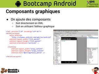 Composants graphiques
● On ajoute des composants
○ Soit directement en XML
○ Soit en utilisant l’éditeur graphique
<?xml version="1.0" encoding="utf-16"?>
<RelativeLayout
xmlns:android=
"http://schemas.android.com/apk/res/android"
android:layout_width="fill_parent"
android:layout_height="fill_parent"
android:orientation="vertical" >
<TextView
android:layout_width="wrap_content"
android:layout_height="wrap_content"
android:text="@string/hello_world" />
</RelativeLayout>
 