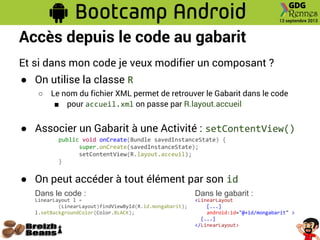 Accès depuis le code au gabarit
Et si dans mon code je veux modifier un composant ?
● On utilise la classe R
○ Le nom du fichier XML permet de retrouver le Gabarit dans le code
■ pour accueil.xml on passe par R.layout.accueil
● Associer un Gabarit à une Activité : setContentView()
● On peut accéder à tout élément par son id
public void onCreate(Bundle savedInstanceState) {
super.onCreate(savedInstanceState);
setContentView(R.layout.acceuil);
}
Dans le code :
LinearLayout l =
(LinearLayout)findViewById(R.id.mongabarit);
l.setBackgroundColor(Color.BLACK);
Dans le gabarit :
<LinearLayout
[...]
android:id="@+id/mongabarit" >
[...]
</LinearLayout>
 