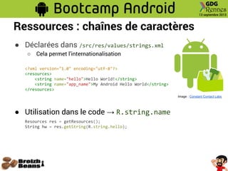 Ressources : chaînes de caractères
● Déclarées dans /src/res/values/strings.xml
○ Cela permet l’internationalisation
<?xml version="1.0" encoding="utf-8"?>
<resources>
<string name="hello">Hello World!</string>
<string name="app_name">My Android Hello World</string>
</resources>
● Utilisation dans le code → R.string.name
Resources res = getResources();
String hw = res.getString(R.string.hello);
Image : Constant Contact Labs
 