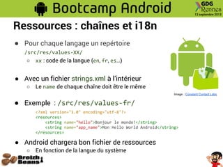 Ressources : chaînes et i18n
● Pour chaque langage un repértoire
/src/res/values-XX/
○ xx : code de la langue (en, fr, es…)
● Avec un fichier strings.xml à l’intérieur
○ Le name de chaque chaîne doit être le même
● Exemple : /src/res/values-fr/
<?xml version="1.0" encoding="utf-8"?>
<resources>
<string name="hello">Bonjour le monde!</string>
<string name="app_name">Mon Hello World Android</string>
</resources>
● Android chargera bon fichier de ressources
○ En fonction de la langue du système
Image : Constant Contact Labs
 