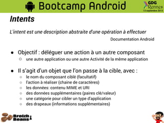 Intents
L'intent est une description abstraite d'une opération à effectuer
Documentation Android
● Objectif : déléguer une action à un autre composant
○ une autre application ou une autre Activité de la même application
● Il s’agit d’un objet que l’on passe à la cible, avec :
○ le nom du composant ciblé (facultatif)
○ l'action à réaliser (chaine de caractères)
○ les données: contenu MIME et URI
○ des données supplémentaires (paires clé/valeur)
○ une catégorie pour cibler un type d'application
○ des drapeaux (informations supplémentaires)
 
