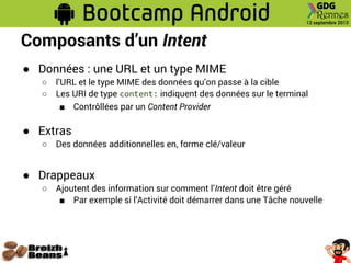 Composants d’un Intent
● Données : une URL et un type MIME
○ l’URL et le type MIME des données qu’on passe à la cible
○ Les URI de type content: indiquent des données sur le terminal
■ Contrôllées par un Content Provider
● Extras
○ Des données additionnelles en, forme clé/valeur
● Drappeaux
○ Ajoutent des information sur comment l’Intent doit être géré
■ Par exemple si l’Activité doit démarrer dans une Tâche nouvelle
 