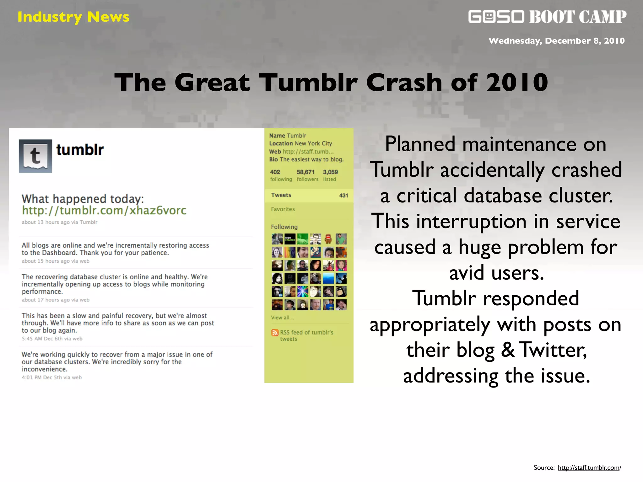 Industry News
 Social will be like air                 Wednesday, December 8, 2010




           The Great Tumblr Crash of 2010

                             Planned maintenance on
                            Tumblr accidentally crashed
                             a critical database cluster.
                            This interruption in service
                            caused a huge problem for
                                      avid users.
                                 Tumblr responded
                            appropriately with posts on
                                their blog & Twitter,
                                addressing the issue.


                                                  Source: http://staff.tumblr.com/
 