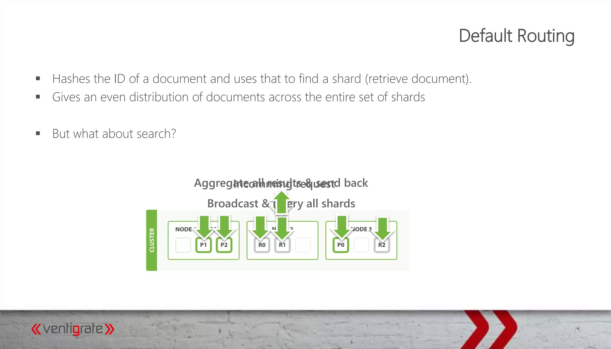 Default Routing
 Hashes the ID of a document and uses that to find a shard (retrieve document).
 Gives an even distribution of documents across the entire set of shards
 But what about search?
Incomming request
Broadcast & query all shards
Aggregate all results & send back
 