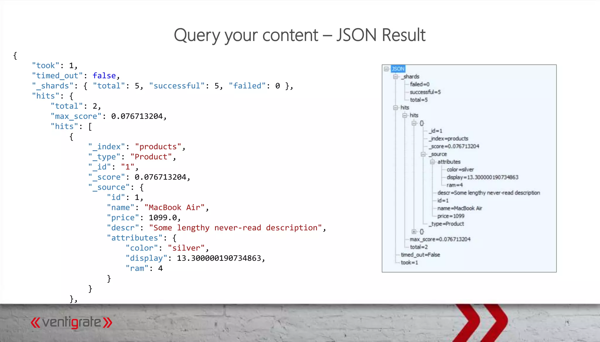 Query your content – JSON Result
{
"took": 1,
"timed_out": false,
"_shards": { "total": 5, "successful": 5, "failed": 0 },
"hits": {
"total": 2,
"max_score": 0.076713204,
"hits": [
{
"_index": "products",
"_type": "Product",
"_id": "1",
"_score": 0.076713204,
"_source": {
"id": 1,
"name": "MacBook Air",
"price": 1099.0,
"descr": "Some lengthy never-read description",
"attributes": {
"color": "silver",
"display": 13.300000190734863,
"ram": 4
}
}
},
 