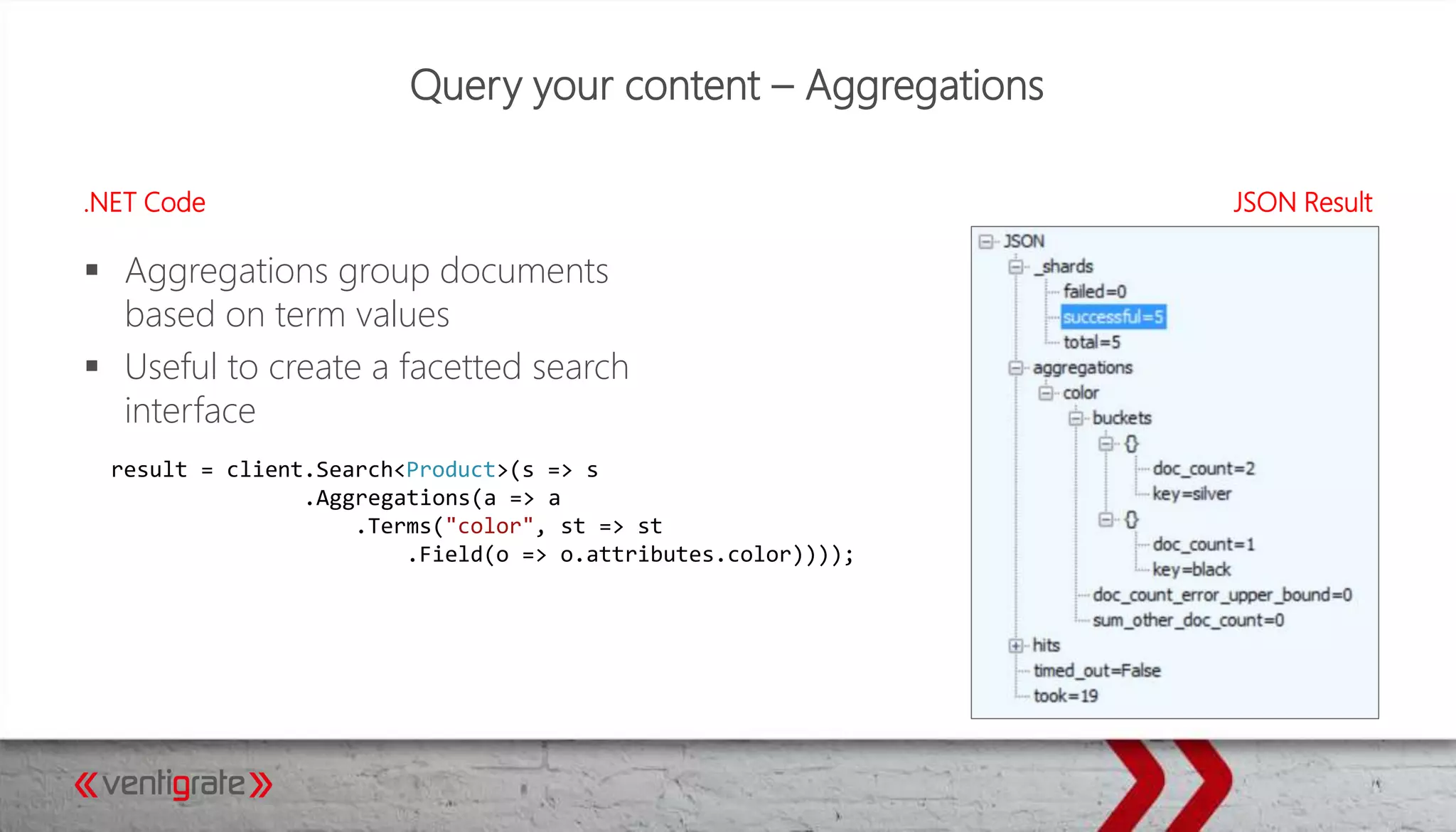 Query your content – Aggregations
.NET Code JSON Result
 Aggregations group documents
based on term values
 Useful to create a facetted search
interface
result = client.Search<Product>(s => s
.Aggregations(a => a
.Terms("color", st => st
.Field(o => o.attributes.color))));
 