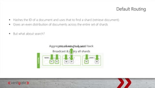 Default Routing
 Hashes the ID of a document and uses that to find a shard (retrieve document).
 Gives an even distribution of documents across the entire set of shards
 But what about search?
Incomming request
Broadcast & query all shards
Aggregate all results & send back
 