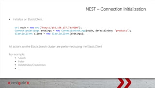 NEST – Connection Initialization
 Initialize an ElasticClient:
All actions on the ElasticSearch cluster are performed using the ElasticClient
For example:
 Search
 Index
 DeleteIndex/CreateIndex
 …
Uri node = new Uri("http://192.168.137.73:9200");
ConnectionSettings settings = new ConnectionSettings(node, defaultIndex: "products");
ElasticClient client = new ElasticClient(settings);
 
