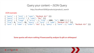 Query your content – JSON Query
JSON examples
http://localhost:9200/products/product/_search
Some queries will return nothing if lowercased by analyzer & split on whitespace!
{ "query" : { "term" : { "name": "MacBook Air" }}}
{ "query" : { "prefix" : { "name": "Mac" }}}
{ "query" : { "range" : { "price" : { "from" : 1000, "to": 2000 } } } }
{ "from": 0, "size": 10, "query" : { "term" : { "name": "MacBook Air" }}}
{ "sort" : { "name" : { "order": "asc" } }, "query" : { "term" : { "name": "MacBook Air" }}}
 