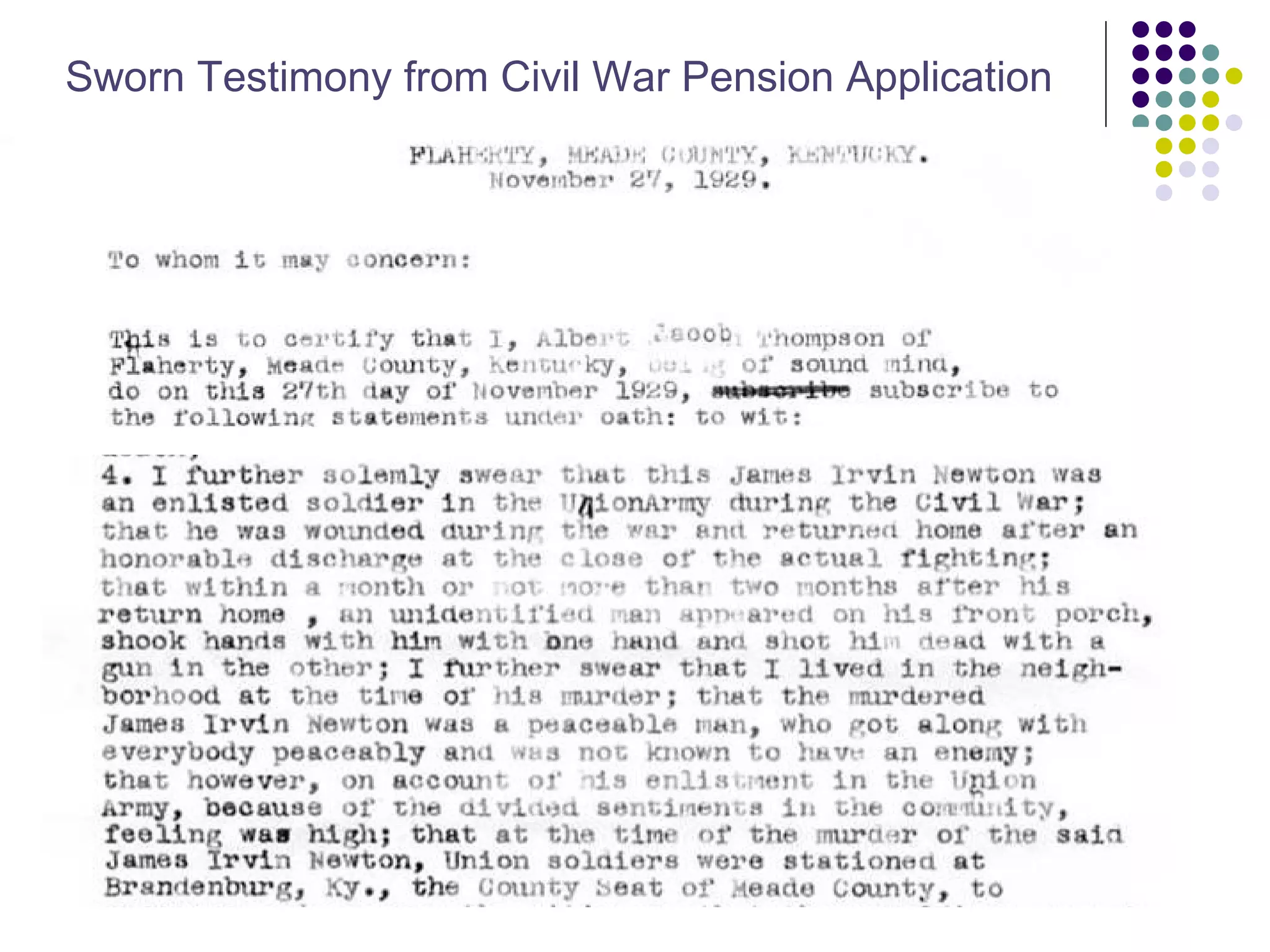 Sworn Testimony from Civil War Pension Application 