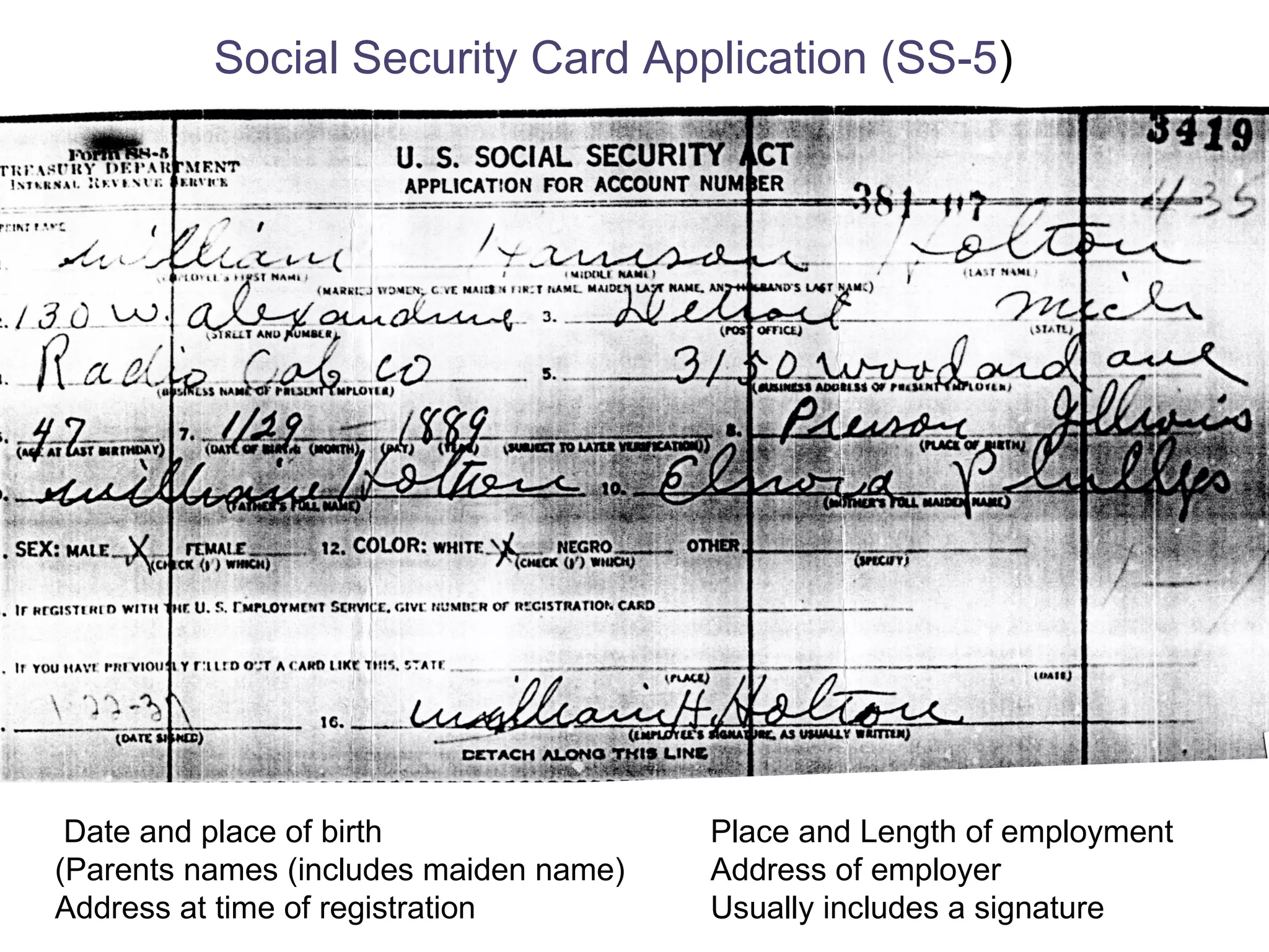Social Security Card Application (SS-5 ) Date and place of birth (Parents names (includes maiden name) Address at time of registration Place and Length of employment Address of employer Usually includes a signature 