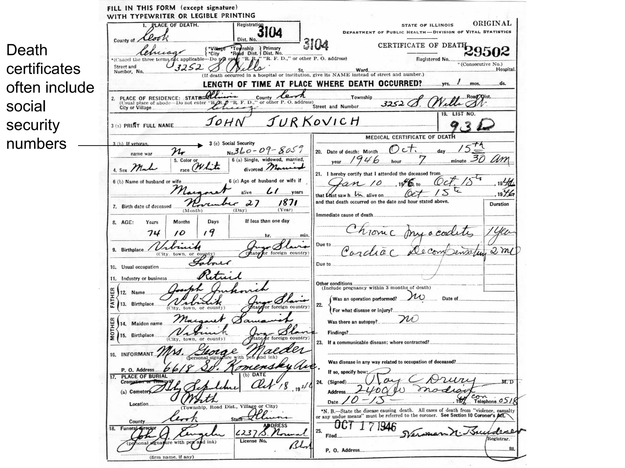 Death certificates often include social security numbers 