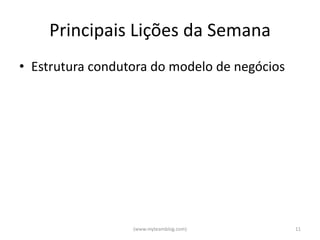 Principais Lições da Semana
• Estrutura condutora do modelo de negócios




                  (www.myteamblog.com)        11
 