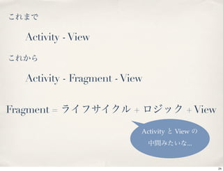 Activity - View


   Activity - Fragment - View


Fragment =                 +                 + View
                               Activity   View
                                             ...


                                                      24
 