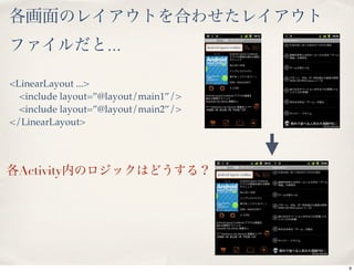 ...

<LinearLayout ...>
  <include layout=”@layout/main1”/>
  <include layout=”@layout/main2”/>
</LinearLayout>




 Activity




                                      9
 