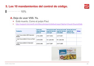 5. Los 10 mandamientos del control de código.
▊ · · · · · · · · · 10%

           A. Deja de usar VSS. Ya.
                 Está muerto. Como el pulpo Paul.
                       http://support.microsoft.com/lifecycle/search/default.aspx?alpha=Visual+SourceSafe




Gestión código fuente                                                                                        22
 