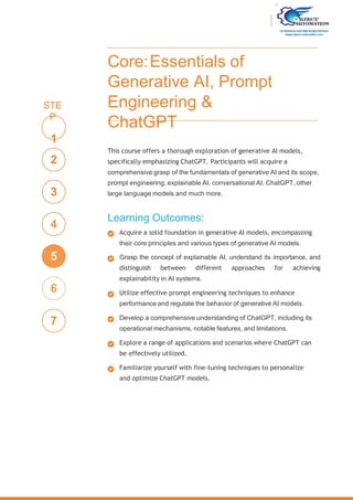 Core:Essentials of
Generative AI, Prompt
Engineering &
ChatGPT
This course offers a thorough exploration of generative AI models,
specifically emphasizing ChatGPT. Participants will acquire a
comprehensive grasp of the fundamentals of generative AI and its scope,
prompt engineering, explainable AI, conversational AI, ChatGPT, other
large language models and much more.
Learning Outcomes:
Acquire a solid foundation in generative AI models, encompassing
their core principles and various types of generative AI models.
Grasp the concept of explainable AI, understand its importance, and
distinguish between different approaches for achieving
explainability in AI systems.
Utilize effective prompt engineering techniques to enhance
performance and regulate the behavior of generative AI models.
Develop a comprehensive understanding of ChatGPT, including its
operational mechanisms, notable features, and limitations.
Explore a range of applications and scenarios where ChatGPT can
be effectively utilized.
Familiarize yourself with fine-tuning techniques to personalize
and optimize ChatGPT models.
STE
P
1
2
3
6
4
5
7
 