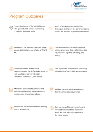Program Outcomes
Understand the meaning, purpose, scope,
stages, applications, and effects of AI and
ML
Gain an in-depth understanding of data
science processes, data exploration, data
visualization, hypothesis building, and
testing
Learn about some of the latest AI trends
like generative AI, prompt engineering,
ChatGPT, and much more
Apply effective prompt engineering
techniques to improve the performance and
control the behavior of generative AI models
Perform scientific and technical
computing using the SciPy package and its
sub- packages, such as Integrate,
Optimize, Statistics, IO, and Weave
Gain expertise in mathematical computing
using the NumPy and scikit-learn package
Master the concepts of supervised and
unsupervised learning, recommendation
engines, and time series modeling
Validate machine learning models and
decode various accuracy metrics
Understand and appreciate Deep Learning
and its applications
Gain knowhow of Neural Networks, and
traverse the layers of data abstraction
which will help you understand data
like never before
 