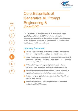 Core:Essentials of
Generative AI, Prompt
Engineering &
ChatGPT
This course offers a thorough exploration of generative AI models,
specifically emphasizing ChatGPT. Participants will acquire a
comprehensive grasp of the fundamentals of generative AI and its scope,
prompt engineering, explainable AI, conversational AI, ChatGPT, other
large language models and much more.
Learning Outcomes:
Acquire a solid foundation in generative AI models, encompassing
their core principles and various types of generative AI models.
Grasp the concept of explainable AI, understand its importance, and
distinguish between different approaches for achieving
explainability in AI systems.
Utilize effective prompt engineering techniques to enhance
performance and regulate the behavior of generative AI models.
Develop a comprehensive understanding of ChatGPT, including its
operational mechanisms, notable features, and limitations.
Explore a range of applications and scenarios where ChatGPT can
be effectively utilized.
Familiarize yourself with fine-tuning techniques to personalize
and optimize ChatGPT models.
STE
P
1
2
3
6
4
5
7
 
