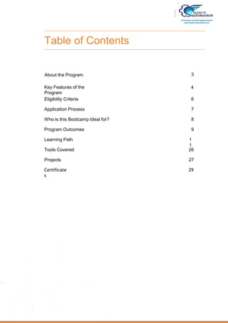 About the Program 3
Key Features of the
Program
4
Eligibility Criteria 6
Application Process 7
Who is this Bootcamp Ideal for? 8
Program Outcomes 9
Learning Path 1
1
Tools Covered 26
Projects 27
Certificate
s
29
Table of Contents
 