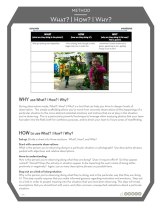 METHOD

                           What? | How? | Why?




WHY use What? | How? | Why?
During observation mode, What? | How? | Why? is a tool that can help you drive to deeper levels of
observation. This simple scaﬀolding allows you to move from concrete observations of the happenings of a
particular situation to the more abstract potential emotions and motives that are at play in the situation
you’re observing. This is a particularly powerful technique to leverage when analyzing photos that your team
has taken into the ﬁeld, both for synthesis purposes, and to direct your team to future areas of needﬁnding.




HOW to use What? | How? | Why?
Set-up: Divide a sheet into three sections: What?, How?, and Why?
Start with concrete observations:
What is the person you’re observing doing in a particular situation or photograph? Use descriptive phrases
packed with adjectives and relative descriptions.
Move to understanding:
How is the person you’re observing doing what they are doing? Does it require eﬀort? Do they appear
rushed? Pained? Does the activity or situation appear to be impacting the user’s state of being either
positively or negatively? Again, use as many descriptive phrases as possible here.
Step out on a limb of interpretation:
Why is the person you’re observing doing what they’re doing, and in the particular way that they are doing
it? This step usually requires that you make informed guesses regarding motivation and emotions. Step out
on a limb in order to project meaning into the situation that you have been observing. This step will reveal
assumptions that you should test with users, and often uncovers unexpected realizations about a particular
situation.

 :: 7 ::
 