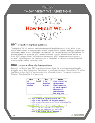 METHOD
                   “How Might We” Questions



                     How Might We . . .?

WHY create how might we questions
“How might we” (HMW) questions are short questions that launch brainstorms. HMWs fall out of your
point-of-view statement or design principles as seeds for your ideation. Create a seed that is broad enough
that there are a wide range of solutions but narrow enough that the team has some helpful boundaries. For
example, between the too narrow “HMW create a cone to eat ice cream without dripping” and the too
broad “HMW redesign dessert” might be the properly scoped “HMW redesign ice cream to be more
portable.” It should be noted, the the proper scope of the seed will vary with the project and how much
progress you have made in your project work.


HOW to generate how might we questions
Begin with your Point of View (POV) or problem statement. Break that larger challenge up into smaller
actionable pieces. Look for aspects of the statement to complete the sentence, “How might we…” It is often
helpful to brainstorm the HMW questions before the solutions brainstorm. For example, consider the
following POV and resulting HMW statements.




 :: 26 ::
 
