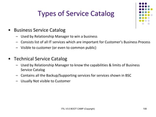 ITIL V3.0 BOOT CAMP (Copyright) 108
Types of Service Catalog
• Business Service Catalog
– Used by Relationship Manager to win a business
– Consists list of all IT services which are important for Customer’s Business Process
– Visible to customer (or even to common public)
• Technical Service Catalog
– Used by Relationship Manager to know the capabilities & limits of Business
Service Catalog
– Contains all the Backup/Supporting services for services shown in BSC
– Usually Not visible to Customer
 