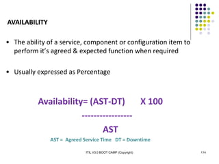 ITIL V3.0 BOOT CAMP (Copyright) 114
• The ability of a service, component or configuration item to
perform it’s agreed & expected function when required
• Usually expressed as Percentage
Availability= (AST-DT) X 100
-----------------
AST
AST = Agreed Service Time DT = Downtime
AVAILABILITY
 