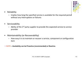 ITIL V3.0 BOOT CAMP (Copyright) 115
• Reliability
– Implies how long the specified service is available for the required period
without any interruptions or failures
• Serviceability
– Ability of the 3rd party supplier to provide the expected service to service
provider
• Maintainability (or Recoverability)
– How easy it is to maintain or recover a service, component or configuration
item
• NOTE – Availability can be Proactive (recommended) or Reactive.
 