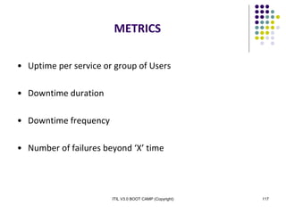ITIL V3.0 BOOT CAMP (Copyright) 117
METRICS
• Uptime per service or group of Users
• Downtime duration
• Downtime frequency
• Number of failures beyond ‘X’ time
 