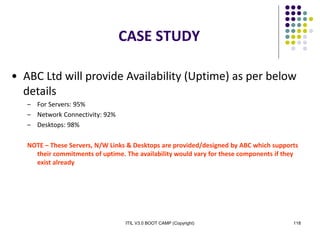 ITIL V3.0 BOOT CAMP (Copyright) 118
CASE STUDY
• ABC Ltd will provide Availability (Uptime) as per below
details
– For Servers: 95%
– Network Connectivity: 92%
– Desktops: 98%
NOTE – These Servers, N/W Links & Desktops are provided/designed by ABC which supports
their commitments of uptime. The availability would vary for these components if they
exist already
 