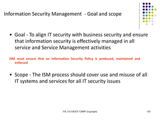 ITIL V3.0 BOOT CAMP (Copyright) 120
Information Security Management - Goal and scope
• Goal - To align IT security with business security and ensure
that information security is effectively managed in all
service and Service Management activities
ISM must ensure that an Information Security Policy is produced, maintained and
enforced
• Scope - The ISM process should cover use and misuse of all
IT systems and services for all IT security issues
 