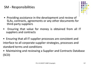 ITIL V3.0 BOOT CAMP (Copyright) 127
SM - Responsibilities
• Providing assistance in the development and review of
SLAs, contracts, agreements or any other documents for
third-party suppliers
• Ensuring that value for money is obtained from all IT
suppliers and contracts
• Ensuring that all IT supplier processes are consistent and
interface to all corporate supplier strategies, processes and
standard terms and conditions
• Maintaining and reviewing a Supplier and Contracts Database
(SCD)
 