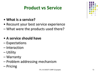 ITIL V3.0 BOOT CAMP (Copyright) 13
• What is a service?
• Recount your best service experience
– What were the products used there?
• A service should have
– Expectations
– Interaction
– Utility
– Warranty
– Problem addressing mechanism
– Pricing
Product vs Service
 