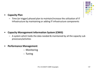 ITIL V3.0 BOOT CAMP (Copyright) 137
• Capacity Plan
– Time (or trigger) phased plan to maintain/increase the utilization of IT
Infrastructure by maintaining or adding IT infrastructure components
• Capacity Management Information System (CMIS)
– A system which holds the data needed & maintained by all the capacity sub
processes/activities
• Performance Management
– Monitoring
– Tuning
 