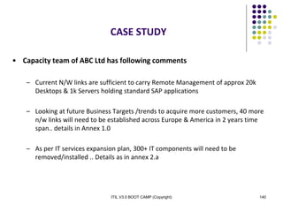 ITIL V3.0 BOOT CAMP (Copyright) 140
CASE STUDY
• Capacity team of ABC Ltd has following comments
– Current N/W links are sufficient to carry Remote Management of approx 20k
Desktops & 1k Servers holding standard SAP applications
– Looking at future Business Targets /trends to acquire more customers, 40 more
n/w links will need to be established across Europe & America in 2 years time
span.. details in Annex 1.0
– As per IT services expansion plan, 300+ IT components will need to be
removed/installed .. Details as in annex 2.a
 