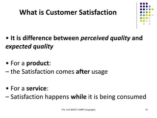 ITIL V3.0 BOOT CAMP (Copyright) 15
What is Customer Satisfaction
• It is difference between perceived quality and
expected quality
• For a product:
– the Satisfaction comes after usage
• For a service:
– Satisfaction happens while it is being consumed
 