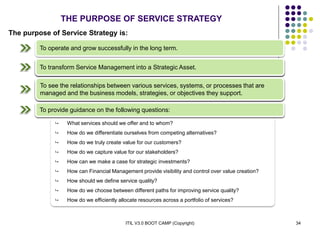 ITIL V3.0 BOOT CAMP (Copyright) 34
THE PURPOSE OF SERVICE STRATEGY
 What services should we offer and to whom?
 How do we differentiate ourselves from competing alternatives?
 How do we truly create value for our customers?
 How do we capture value for our stakeholders?
 How can we make a case for strategic investments?
 How can Financial Management provide visibility and control over value creation?
 How should we define service quality?
 How do we choose between different paths for improving service quality?
 How do we efficiently allocate resources across a portfolio of services?
To operate and grow successfully in the long term.
The purpose of Service Strategy is:
To transform service management into a strategic asset
To see the relationships between various services, systems or processes that are
managed and the business models, strategies or objectives they support
Service Strategy provides guidance to the following questions:
To transform service management into a strategic asset
To see the relationships between various services, systems or processes that are
managed and the business models, strategies or objectives they support
To provide guidance on the following questions:
To transform Service Management into a Strategic Asset.
To see the relationships between various services, systems, or processes that are
managed and the business models, strategies, or objectives they support.
 