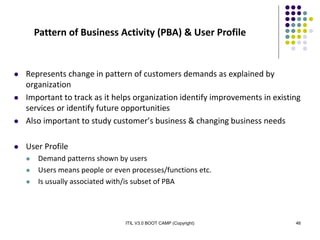 ITIL V3.0 BOOT CAMP (Copyright) 46
 Represents change in pattern of customers demands as explained by
organization
 Important to track as it helps organization identify improvements in existing
services or identify future opportunities
 Also important to study customer’s business & changing business needs
 User Profile
 Demand patterns shown by users
 Users means people or even processes/functions etc.
 Is usually associated with/is subset of PBA
Pattern of Business Activity (PBA) & User Profile
 
