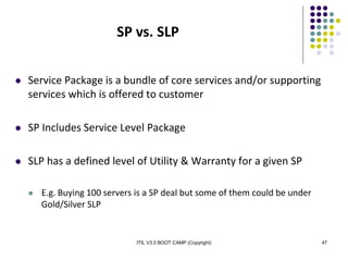 ITIL V3.0 BOOT CAMP (Copyright) 47
 Service Package is a bundle of core services and/or supporting
services which is offered to customer
 SP Includes Service Level Package
 SLP has a defined level of Utility & Warranty for a given SP
 E.g. Buying 100 servers is a SP deal but some of them could be under
Gold/Silver SLP
SP vs. SLP
 
