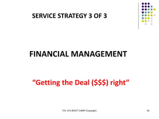 ITIL V3.0 BOOT CAMP (Copyright) 62
FINANCIAL MANAGEMENT
SERVICE STRATEGY 3 OF 3
“Getting the Deal ($$$) right”
 