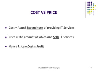 ITIL V3.0 BOOT CAMP (Copyright) 64
COST VS PRICE
 Cost = Actual Expenditure of providing IT Services
 Price = The amount at which one Sells IT Services
 Hence Price – Cost = Profit
 