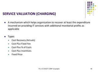 ITIL V3.0 BOOT CAMP (Copyright) 66
SERVICE VALUATION (CHARGING)
 A mechanism which helps organization to recover at least the expenditure
incurred on providing IT services with additional monitorial profits as
applicable
 Types
 Cost Recovery (Actuals)
 Cost Plus Fixed Fee
 Cost Plus % of Costs
 Cost Plus Incentives
 Fixed Price
 