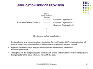 ITIL V3.0 BOOT CAMP (Copyright) 88
APPLICATION SERVICE PROVISION
Application Service Provision
Shared
computer-based
services
Customer Organization 1
Customer Organization 2
Customer Organization 3
(On-demand software/application)
 Involves formal arrangements with an Application Service Provider (ASP) organization that will
provide shared computer-based services to customer organizations over a network.
 Applications offered in this way are also sometimes referred to as on-demand
software/applications.
 Through ASPs, the complexities and costs of such shared software can be reduced and provided
to organizations that could otherwise not justify the cost.
 