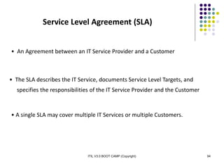 ITIL V3.0 BOOT CAMP (Copyright) 94
Service Level Agreement (SLA)
• An Agreement between an IT Service Provider and a Customer
• The SLA describes the IT Service, documents Service Level Targets, and
specifies the responsibilities of the IT Service Provider and the Customer
• A single SLA may cover multiple IT Services or multiple Customers.
 
